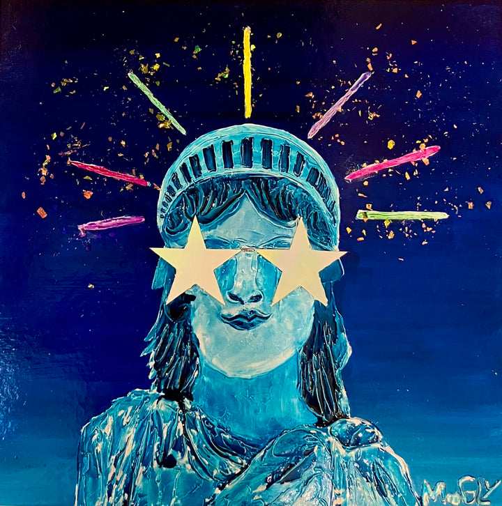 Liberty by Moogly — semi-abstract humanimal portrait of the Statue of Liberty with star-shaped eyes and colorful paint bursts, acrylic, resin and collage on cardboard, 14x14 inches, Morton Contemporary