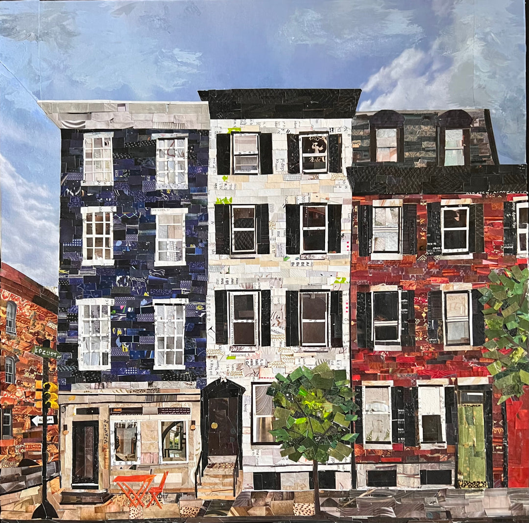 17" x 17" torn paper collage on canvas by Chrissy McIntyre. Artwork of Locust Street rowhomes in Philadelphia, featuring east coast architecture, and brick houses in red, blue and white.