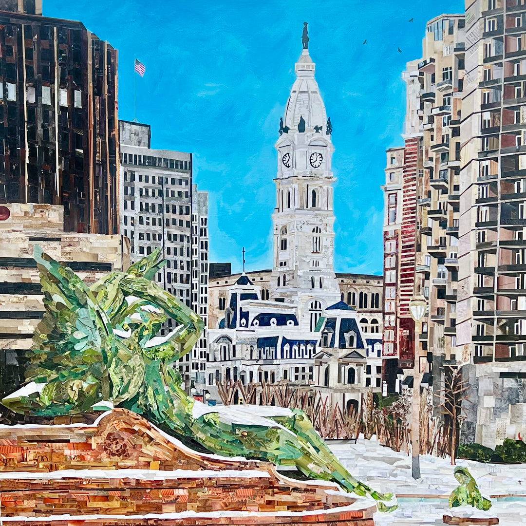 mixed media cut paper collage with magazine acrylic paint texture city hall philadelphia logan square travel landmark landscape urban