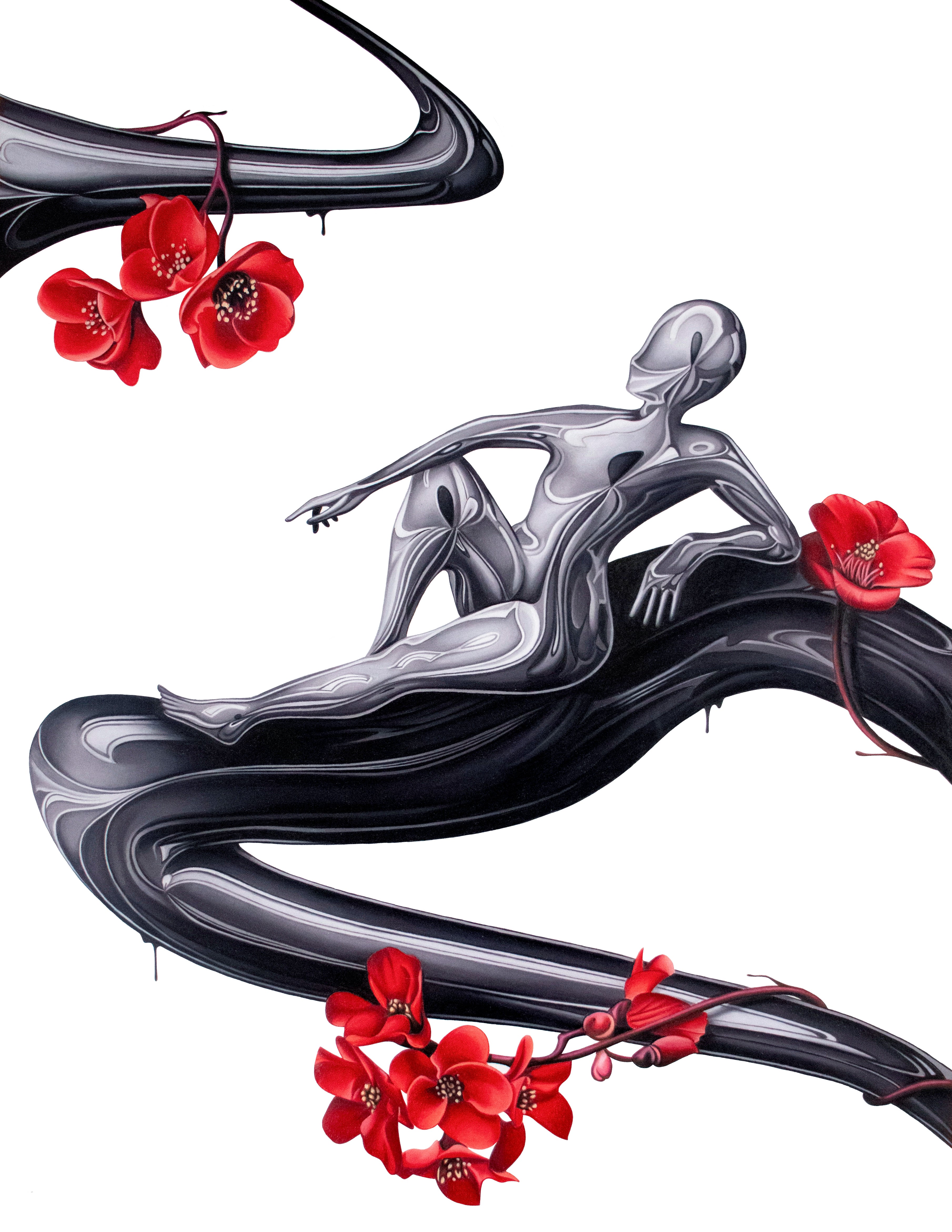 A reflective humanoid figure lounges on a flowing, black, inky structure with red cherry blossoms surrounding them, on a stark white background. Hand drawn artwork done with pencil and marker on paper.