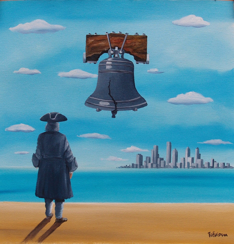 "Looking for Philly" by Italian artist Carlo Trevisan — a surrealist oil painting on canvas depicting a colonial-era figure in a tricorn hat standing on a sandy shore, gazing at a floating Liberty Bell with a distant city skyline beyond a vivid turquoise sea. The whimsical, Magritte-inspired composition blends Philadelphia history with dreamlike wanderlust. Original contemporary surrealist Philadelphia Liberty Bell pop art painting on canvas available at Morton Contemporary gallery.