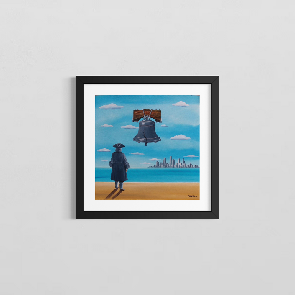 "Looking for Philly" by Italian artist Carlo Trevisan — a surrealist oil painting on canvas depicting a colonial-era figure in a tricorn hat standing on a sandy shore, gazing at a floating Liberty Bell with a distant city skyline beyond a vivid turquoise sea. The whimsical, Magritte-inspired composition blends Philadelphia history with dreamlike wanderlust. Original contemporary surrealist Philadelphia Liberty Bell pop art painting on canvas available at Morton Contemporary gallery.