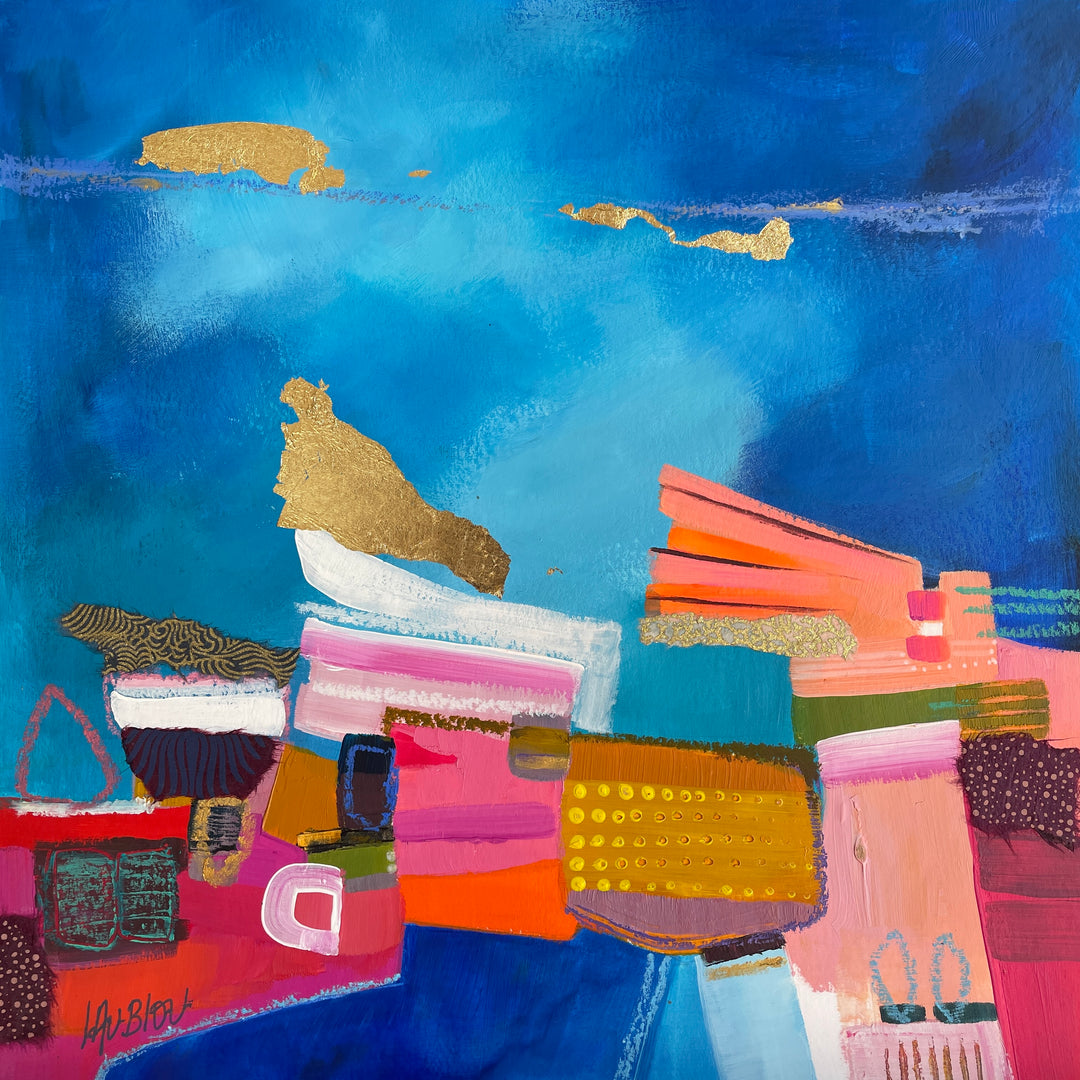 abstract colorful collage in paint graphite fabric patterns gold leaf stacked and over layed on bright blue background