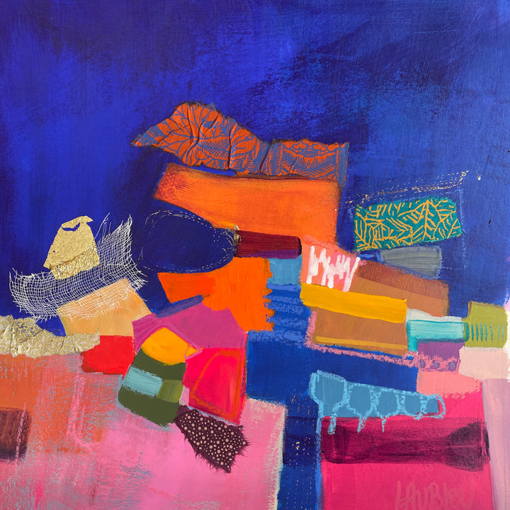 pile stack abstract composition collage of shapes colors pink orange in fabric acrylic paint graphite pastel patterns net on dark blue washy background