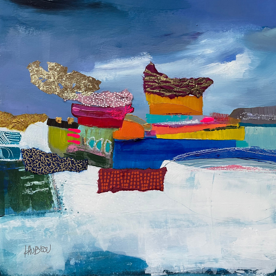 ombre, blue, ocean blue, gold lead, collage, mixed media