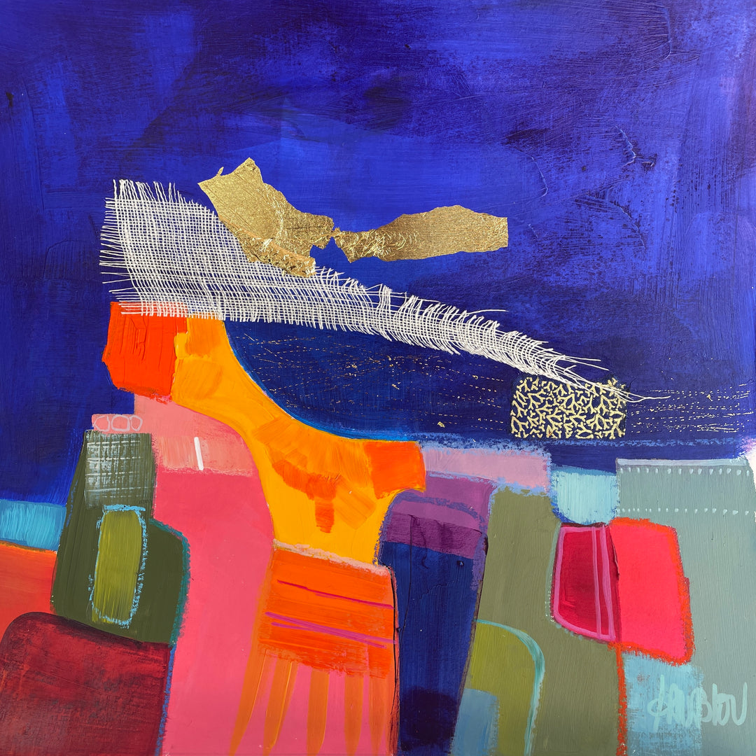 abstract organic shapes in bright colors lower half of composition with white fabric net collage above and gold leaf foil on dark blue washy background