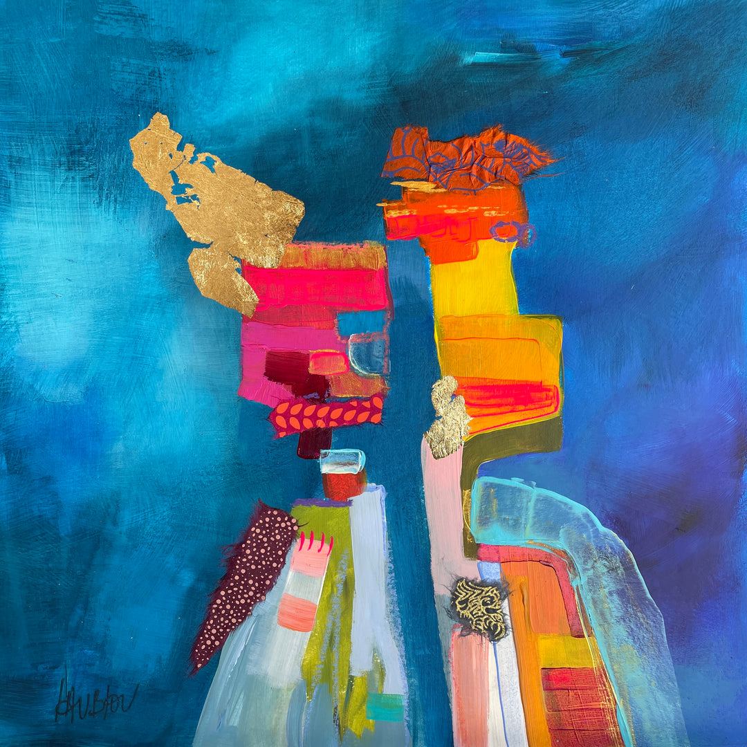 two abstract stacked figure shaped collage in paint fabric gold leaf foil mirrored symmetrical on blue teal cloudy background