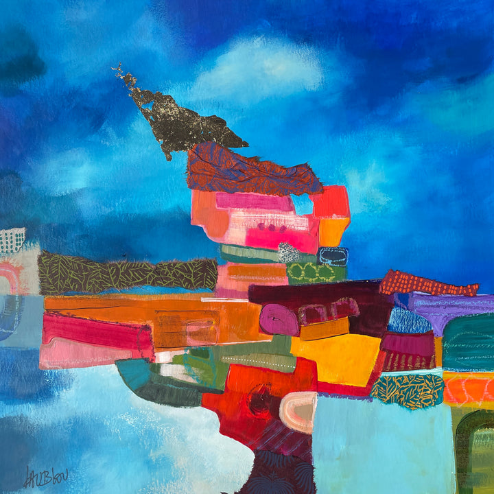 abstract collage mountain small shapes in pink purple and reds on cloudy blue background