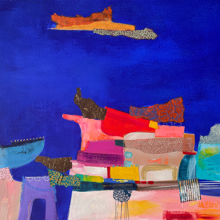 royal blue painting with abstract cut paper fabric and painted shapes  collaged at bottom with gold foil