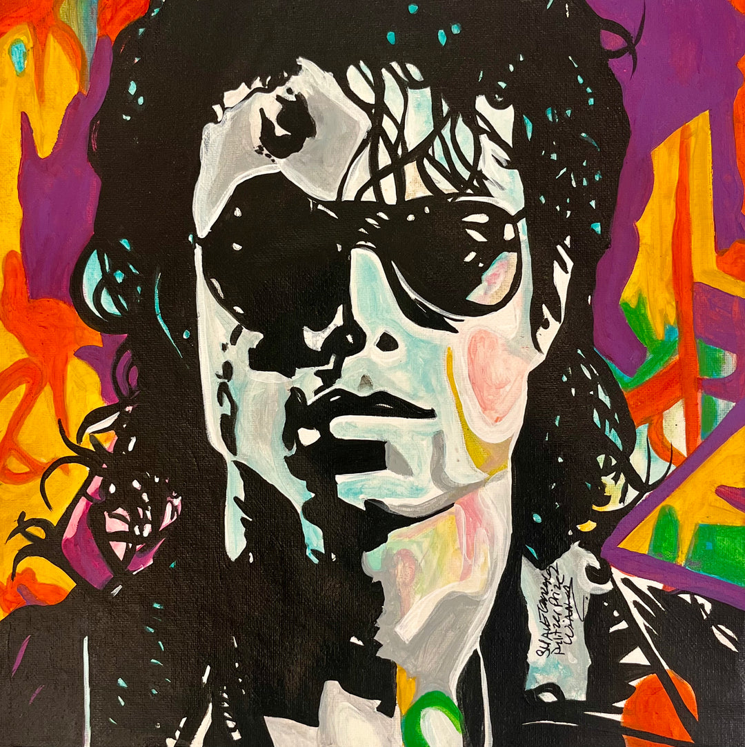 "MJ" by US-based artist Suave Gonzalez, an expressive acrylic on canvas portrait of Michael Jackson, depicting the iconic music legend with his signature dark sunglasses and curly black hair, rendered in bold black and white against a vibrant background of purple, orange, and yellow. Dynamic brushwork and vivid color contrasts create an energetic, pop-art inspired composition. A striking figurative painting presented by Morton Contemporary Gallery."