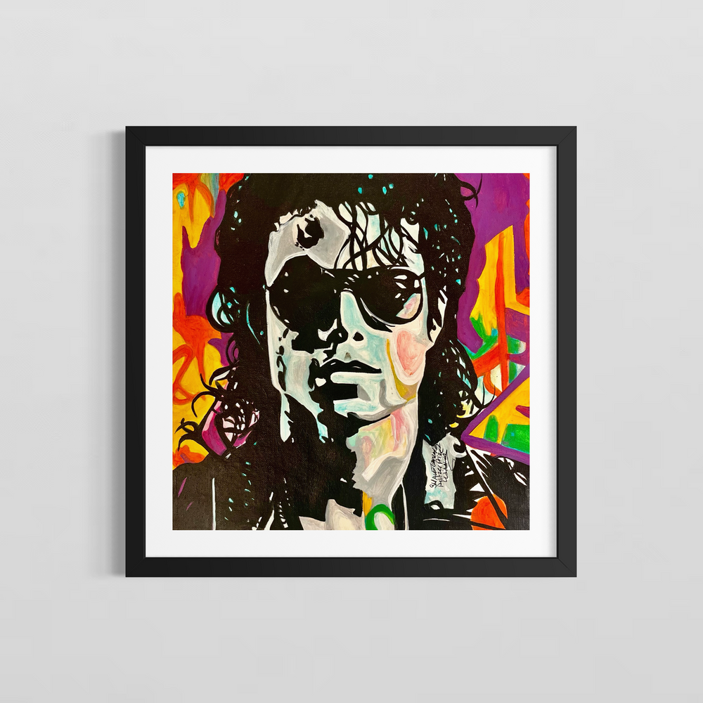"MJ" by US-based artist Suave Gonzalez, an expressive acrylic on canvas portrait of Michael Jackson, depicting the iconic music legend with his signature dark sunglasses and curly black hair, rendered in bold black and white against a vibrant background of purple, orange, and yellow. Dynamic brushwork and vivid color contrasts create an energetic, pop-art inspired composition. A striking figurative painting presented by Morton Contemporary Gallery.