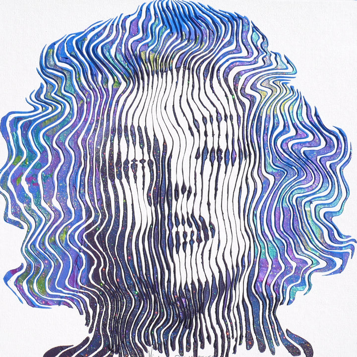 Marilyn Monroe portrait figurative painting in blue green and purple squiggle lines vertical on white background