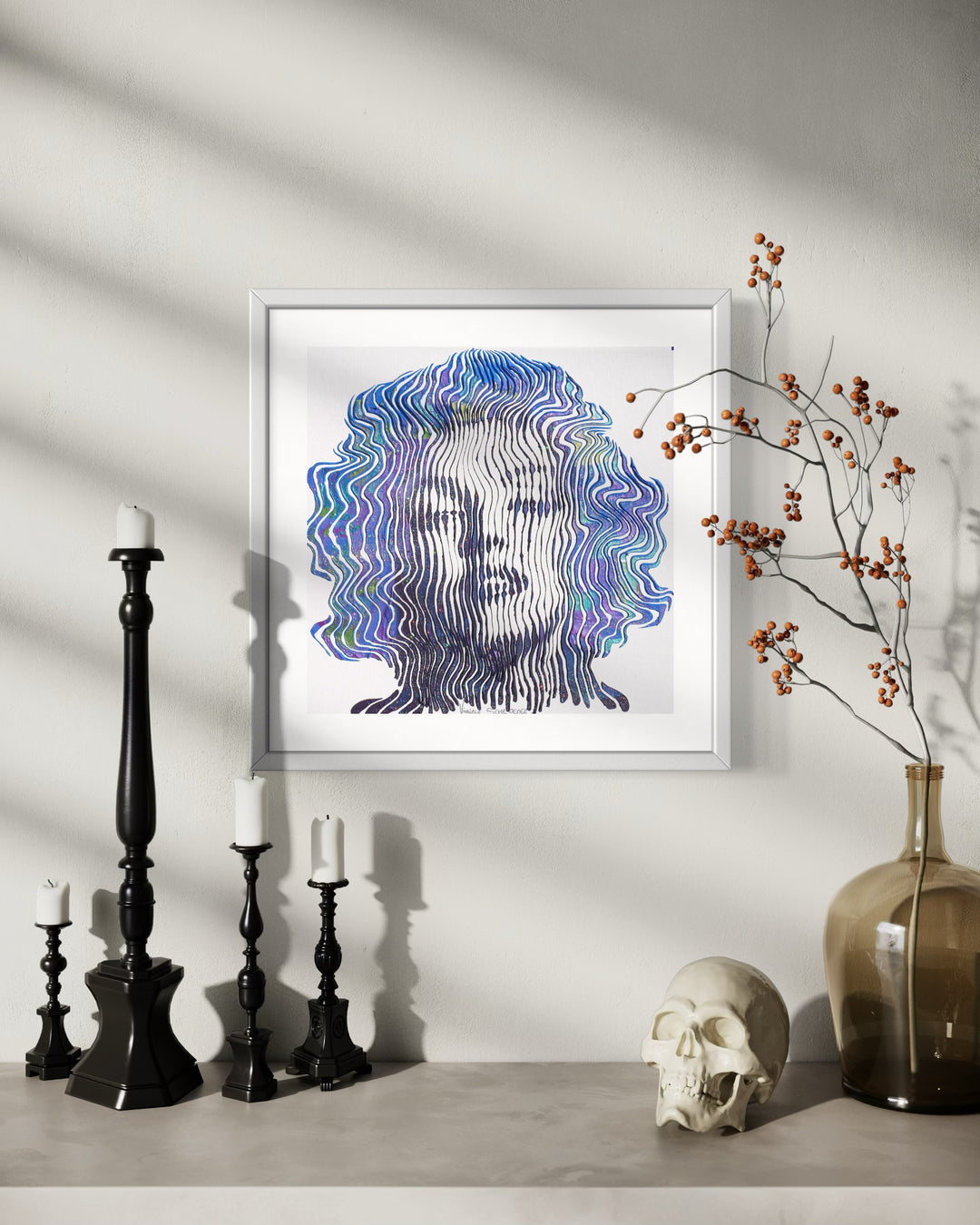 Marilyn Monroe portrait figurative painting in blue green and purple squiggle lines vertical on white background