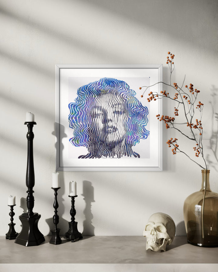 Marilyn Monroe portrait figurative painting in blue green and purple squiggle lines vertical on white background