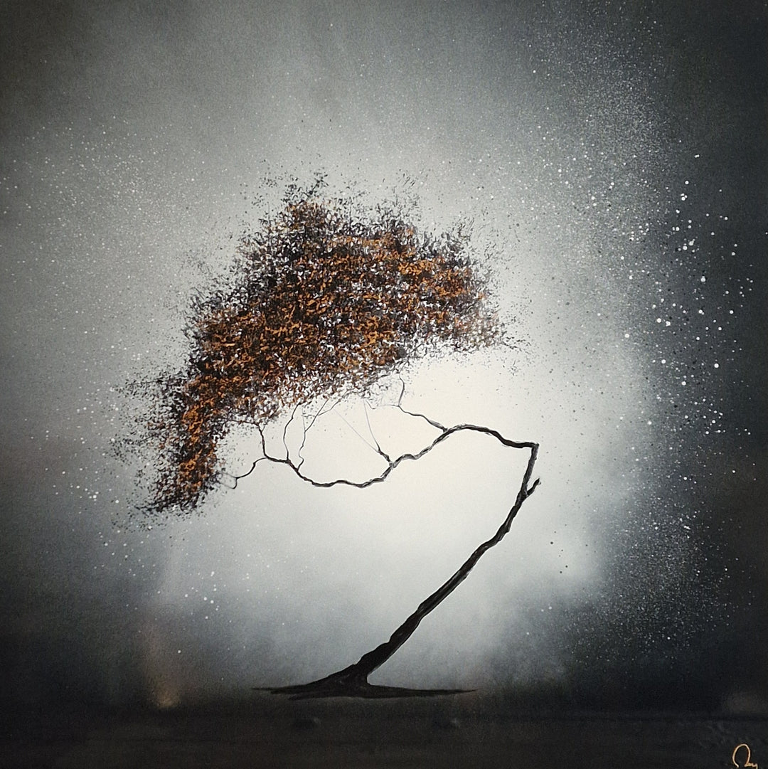 Julien Rey, Ma Provence, lacquer and gold leaf on board, 31 x 31 inches. A single windswept tree with a textured gold and brown canopy and a gnarled dark trunk bent low near the ground, set against a soft grey misty background.