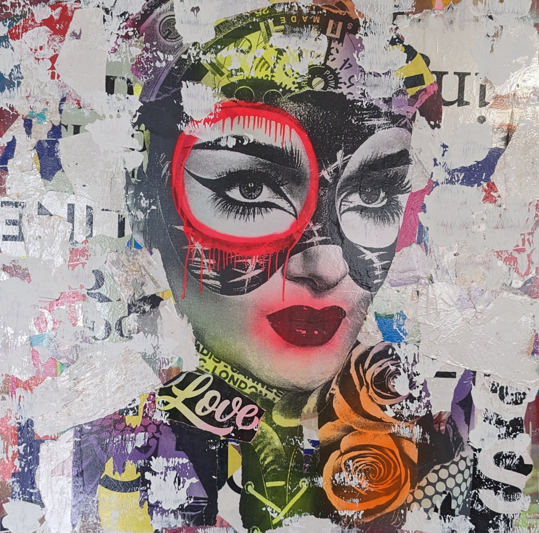 48" x 48" Acrylic paint, spray paint, wheat-paste, vintage advertisements, printed fragments on canvas. Masked woman surrounded by paper graphics with DAIN&