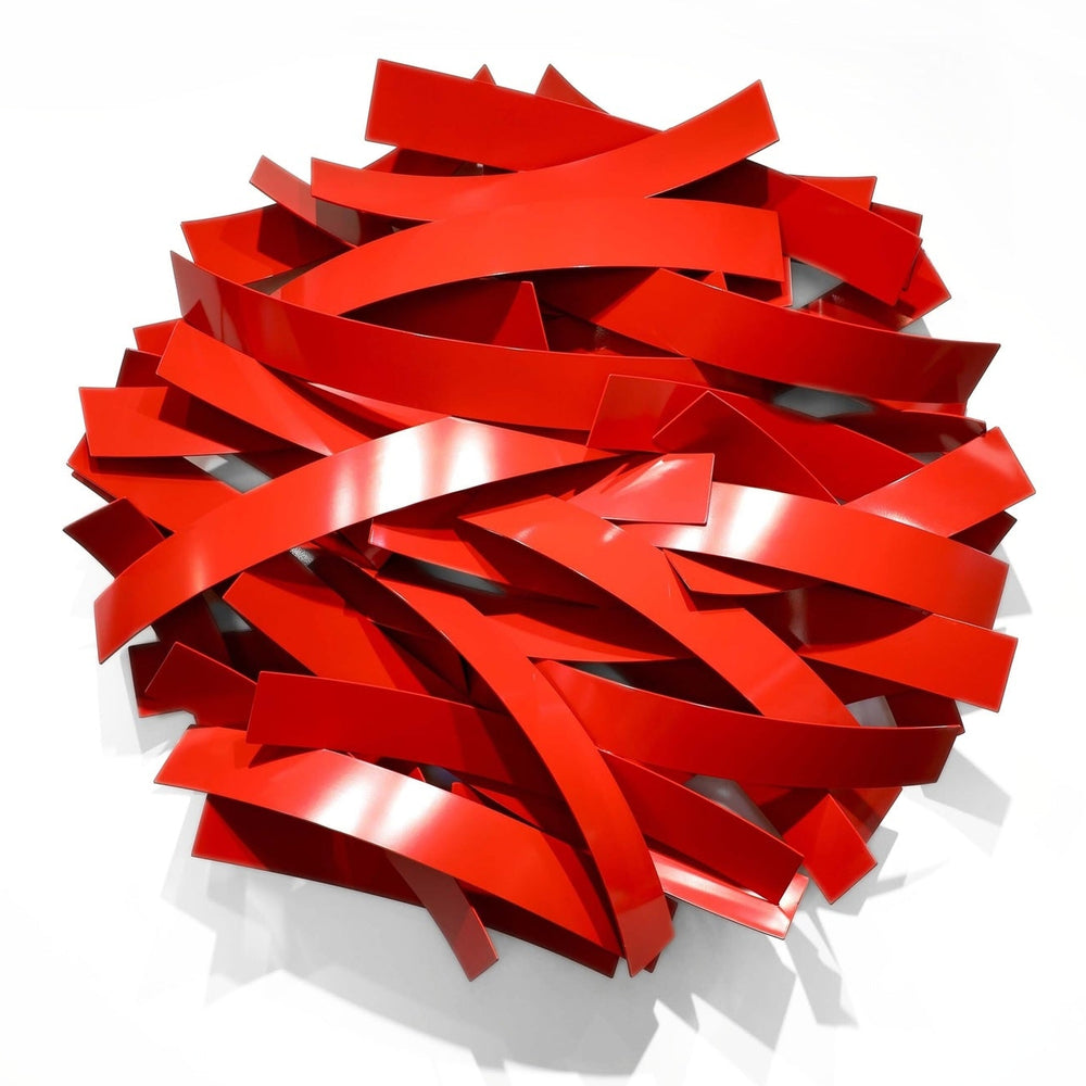 Matt Devine, Wide Bands, powder-coated aluminum, made to order from 11 to 84 inches. Round wall sculpture of wide, curved glossy red aluminum bands layered in overlapping horizontal arcs on a white wall.
