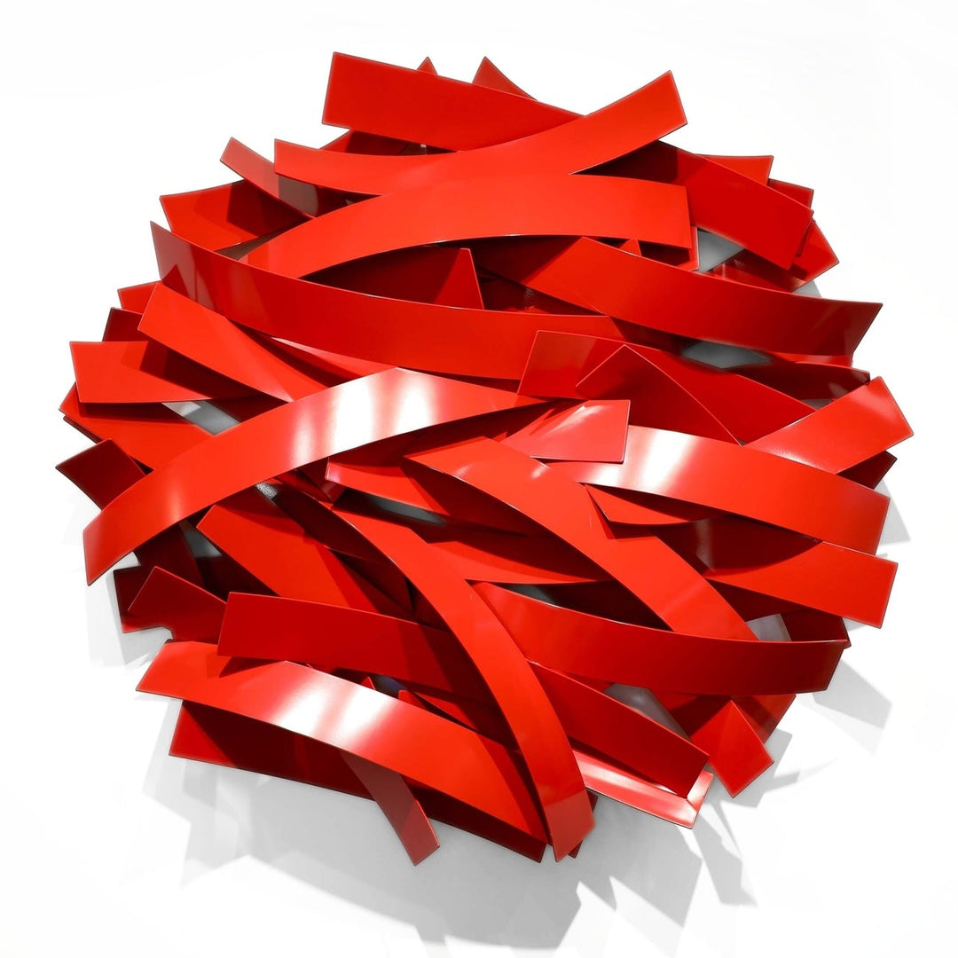 Matt Devine, Wide Bands, powder-coated aluminum, made to order from 11 to 84 inches. Round wall sculpture of wide, curved glossy red aluminum bands layered in overlapping horizontal arcs on a white wall.