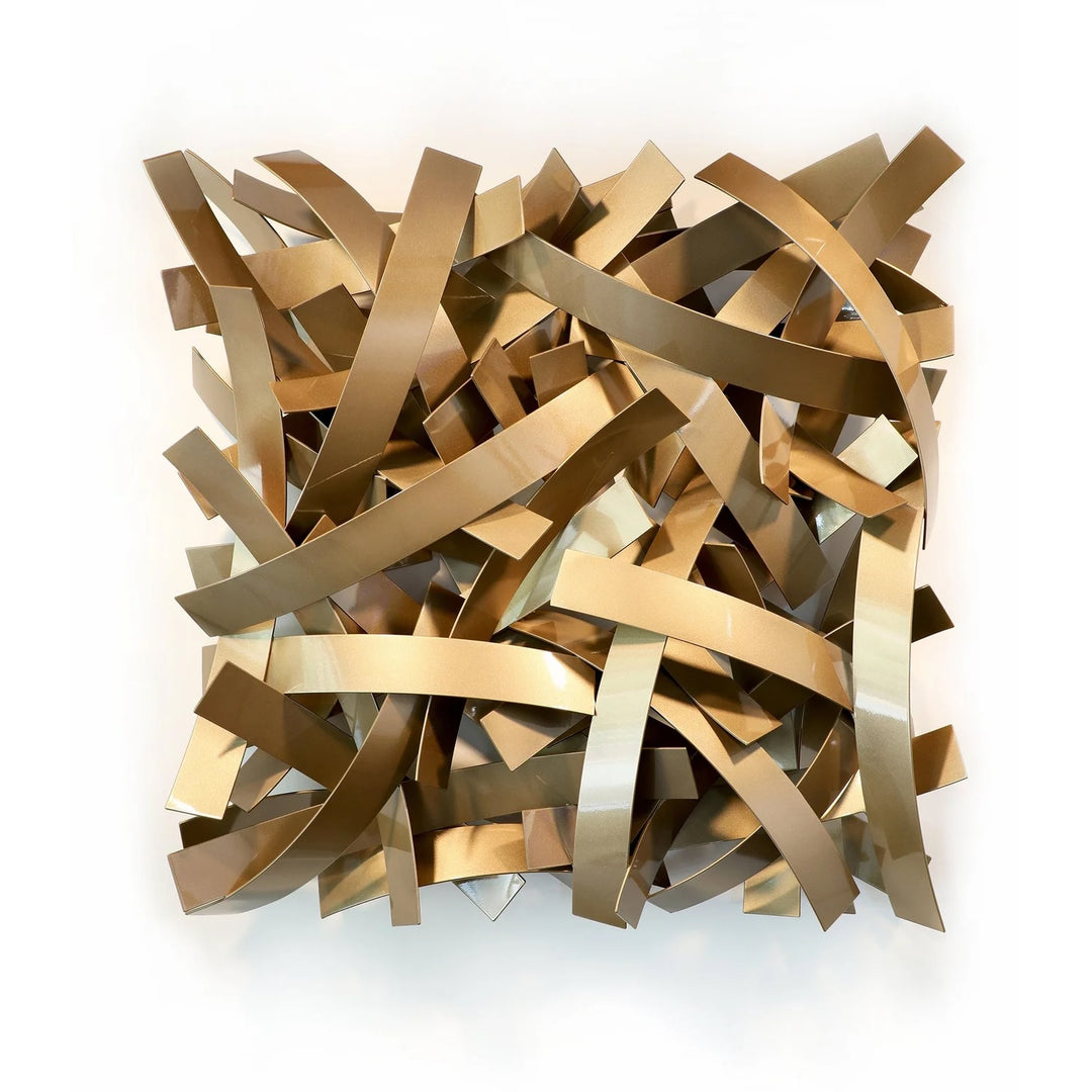 Matt Devine, Wide Bands, powder-coated aluminum, made to order from 11 to 84 inches. Square wall sculpture of wide, curved champagne gold aluminum bands layered in a dense crisscross pattern on a white wall.