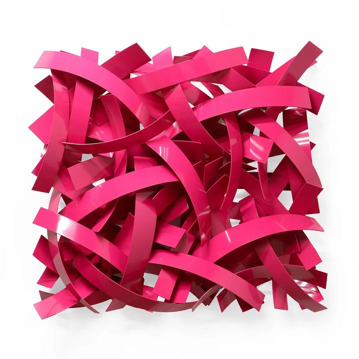 Matt Devine, Wide Bands, powder-coated aluminum, made to order from 11 to 84 inches. Square wall sculpture of wide, curved glossy pink aluminum bands layered in overlapping arcs on a white wall.