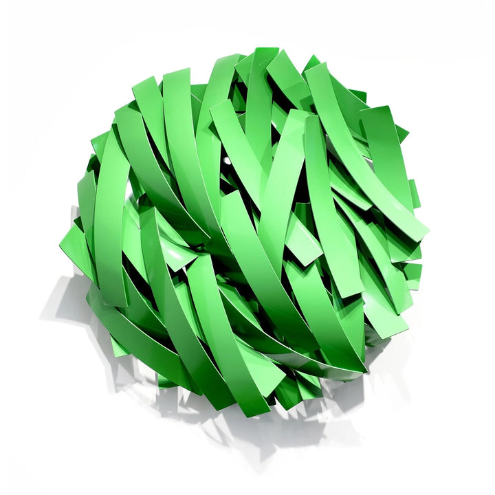 Matt Devine, Wide Bands, powder-coated aluminum, made to order from 11 to 84 inches. Round wall sculpture of wide, curved light green aluminum bands layered in overlapping diagonal arcs on a white wall.