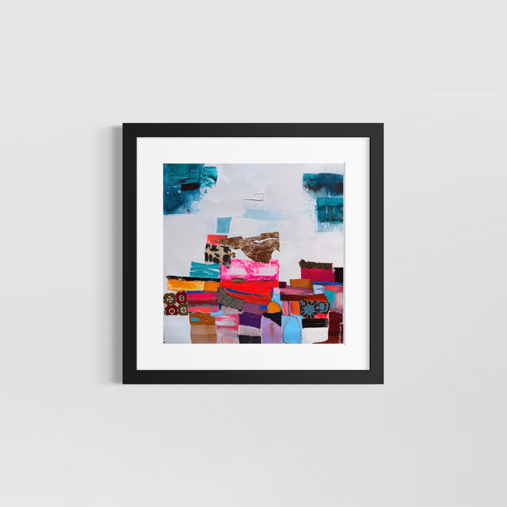 Lau Blou, Mémoires d’Alger, acrylic paint, fabric, and gold leaf on canvas, 14 x 14 inches, shown in a white 17 x 17 inch mat and black frame on a light grey wall. Abstract painting of colorful stacked blocks and teal accents on white.