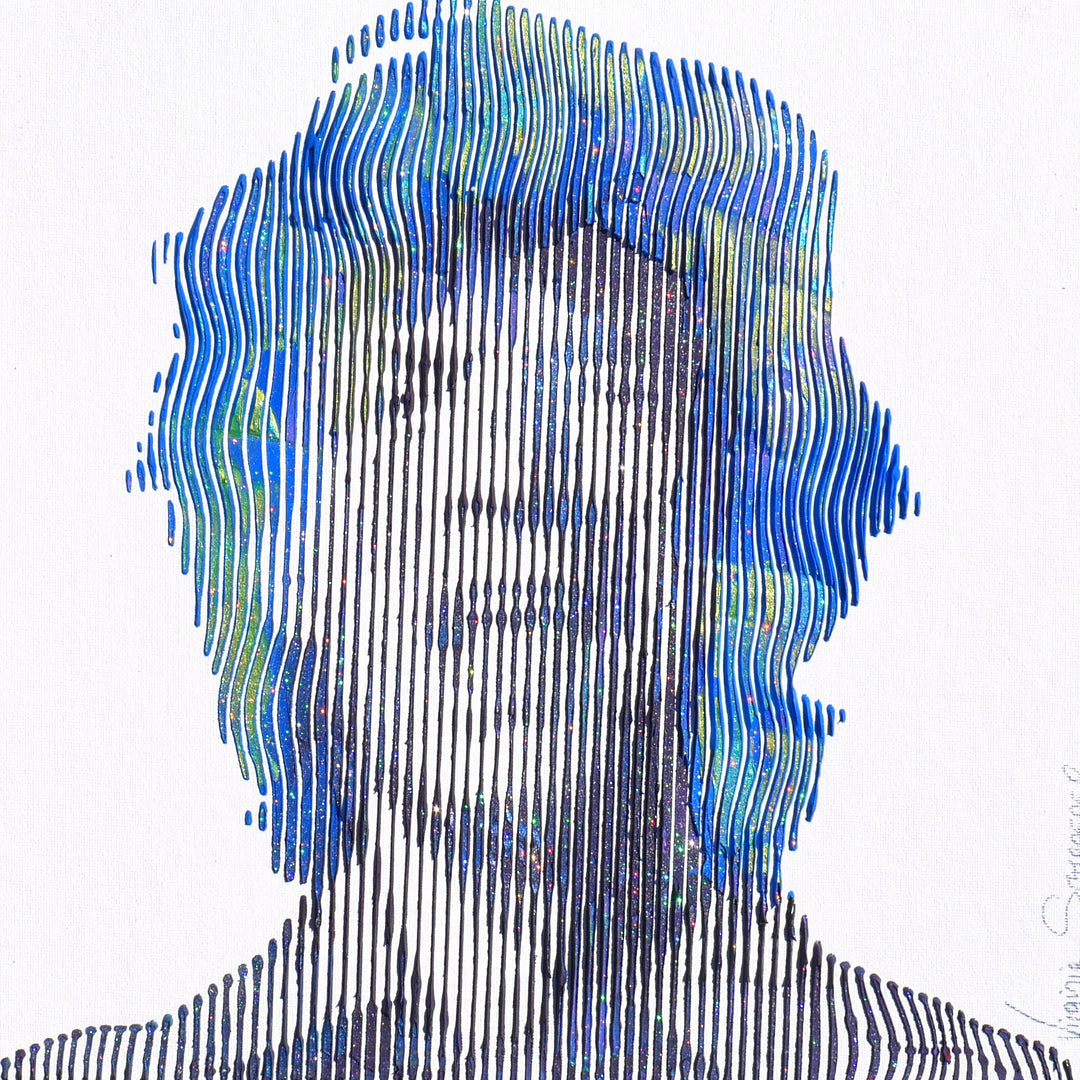 Mick Jagger front portrait figurative painting vertical lines in blue and green