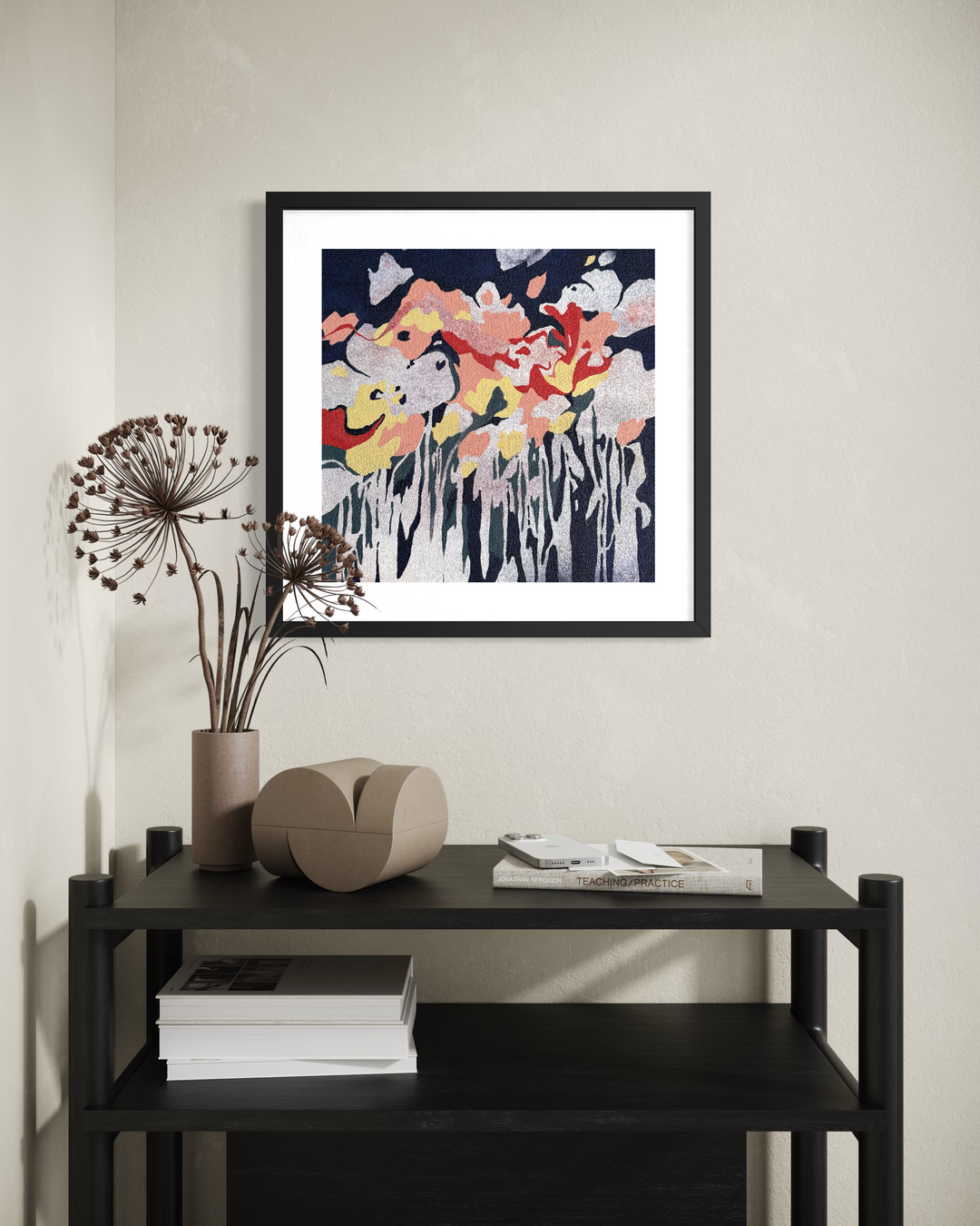 Abstract organic pumice painting in oil paint by local female artist floral landscape natural shapes textures abstracted negative space line weight gradient of color blues greens and red yellow petal shapes