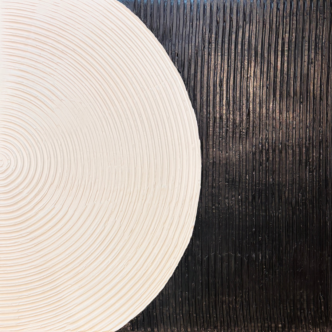 Lee in Cerulean, Monochrome Duo, joint compound and acrylic paint on canvas, 40 x 40 inches each (40 x 80 inches together). Detail of the right panel: a cream semicircle of concentric raised ridges against a black field of vertical ridges.