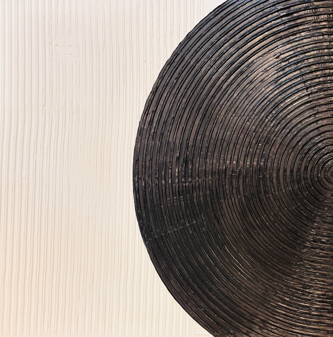 Lee in Cerulean, Monochrome Duo, joint compound and acrylic paint on canvas, 40 x 40 inches each (40 x 80 inches together). Detail of the left panel: a black semicircle of concentric raised ridges meeting a cream field of vertical ridges.