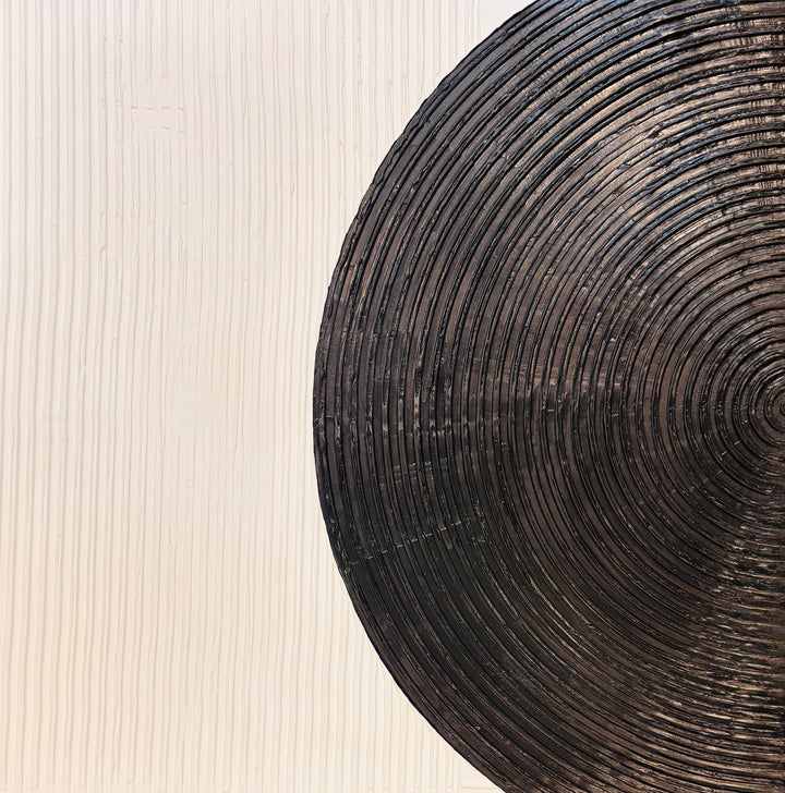 Lee in Cerulean, Monochrome Duo, joint compound and acrylic paint on canvas, 40 x 40 inches each (40 x 80 inches together). Detail of the left panel: a black semicircle of concentric raised ridges meeting a cream field of vertical ridges.