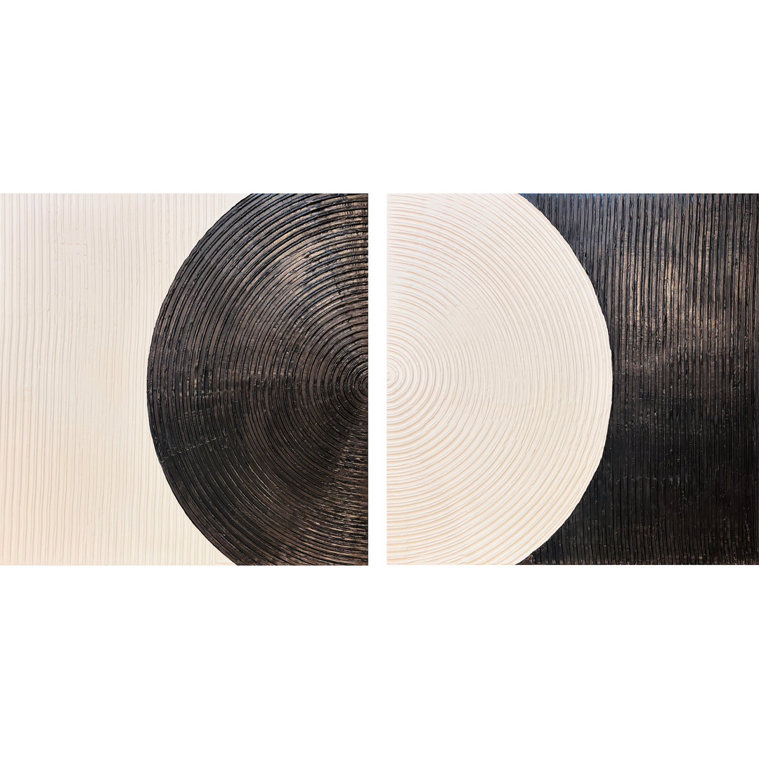 Lee in Cerulean, Monochrome Duo, joint compound and acrylic paint on canvas, 40 x 40 inches each (40 x 80 inches together). Two square textured panels side by side: the left has a black semicircle of concentric raised ridges on a cream field of vertical ridges, and the right has a cream semicircle of concentric ridges on a black field of vertical ridges.