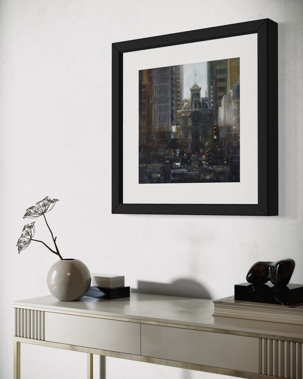broad street center city downtown phildelphia landscape traffic street scene abstract realism grey muted tones in oil paint