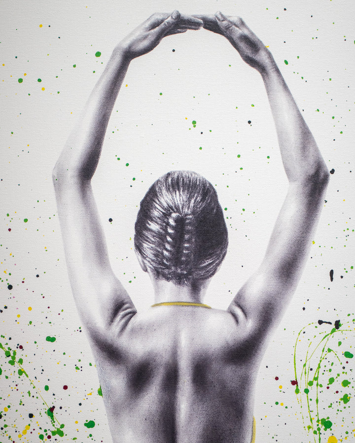 black and white ballerina dancer with arms up and green paint splatter tutu with flowers in blue pink and white on white background