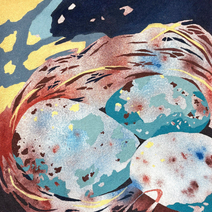 oil on pumice primed canvas abstract organic shapes gradient and opaque speckled eggs in blue and brown in twisted nest 