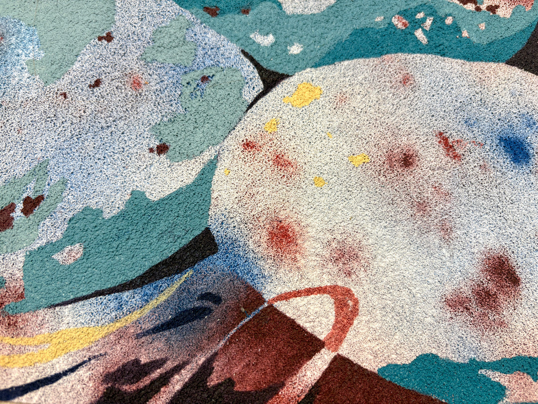 oil on pumice primed canvas abstract organic shapes gradient and opaque speckled eggs in blue and brown in twisted nest 