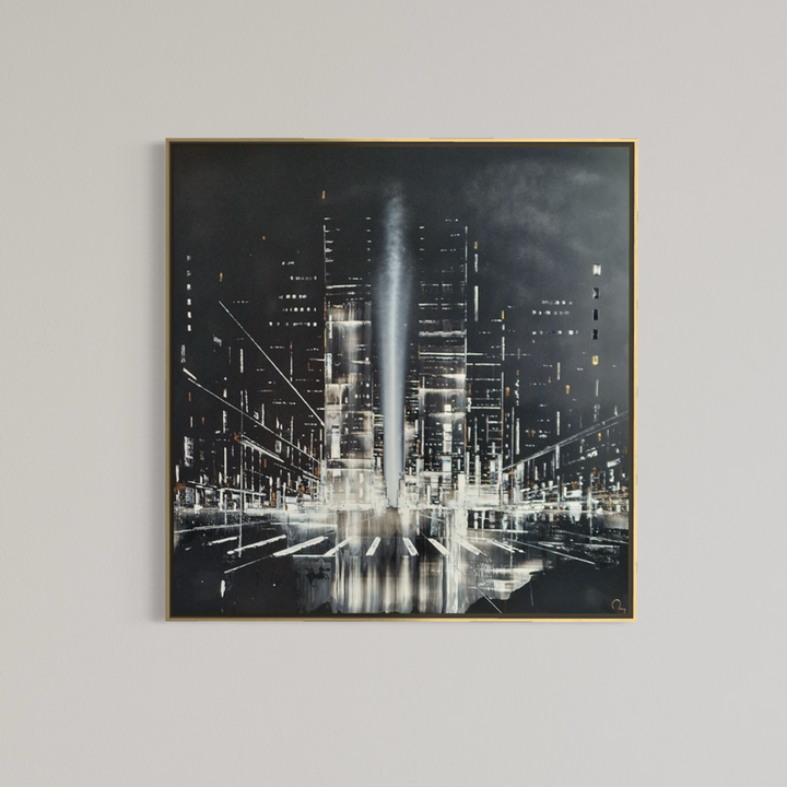 Julien Rey, Night Call, lacquer and gold leaf on board, 40 x 40 inches, framed in a thin gold frame and displayed on a plain wall.