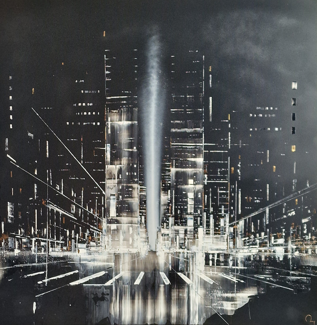 Julien Rey, Night Call, lacquer and gold leaf on board, 40 x 40 inches. Nighttime cityscape viewed down a street lined with dark illuminated skyscrapers, with a tall vertical beam of white light rising from the center of the composition.