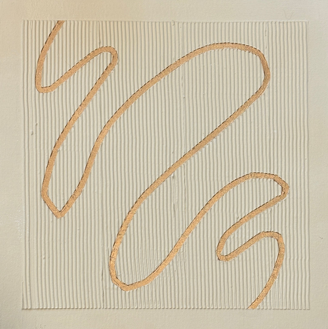 minimal geometric abstract organic shape in gold with lines  straight on beige light  background