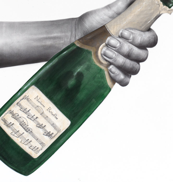 Detail of Ashvin Harrison, Nocturne Butterflies, coconut charcoal dust and acrylic on canvas, 36 x 36 inches. Close-up of a grey charcoal arm and hand gripping a green champagne bottle, its cream label covered in handwritten musical notation with the title Nocturne Butterflies.