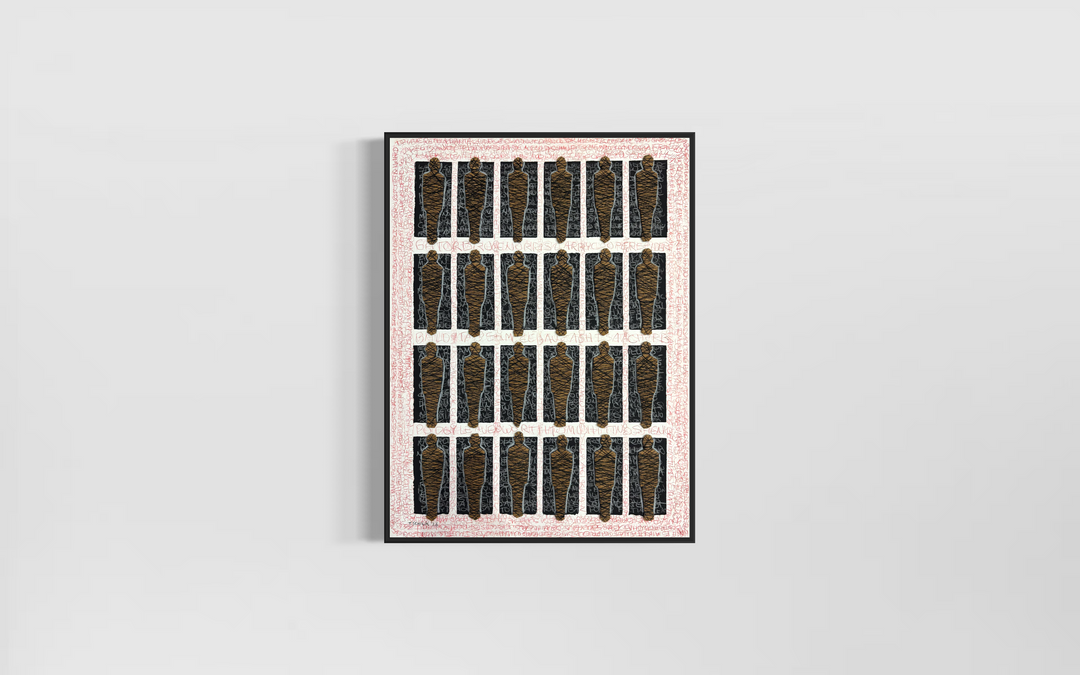 24 figures in grid form mixed media tied in string constraint black square boxes and red scribble writing names text around border on white background