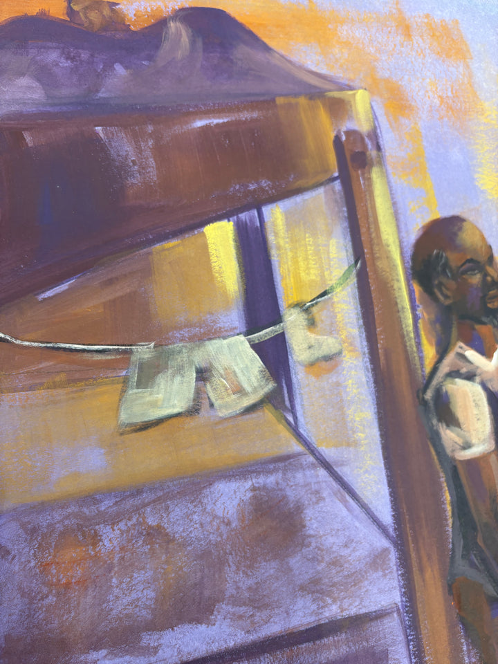 man standing alone in prison cell with bed dresser decor in orange and brown tones and purples 