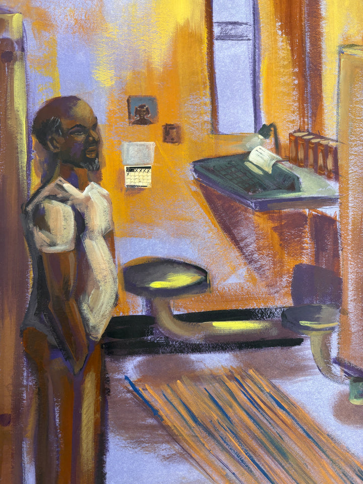 man standing alone in prison cell with bed dresser decor in orange and brown tones and purples 