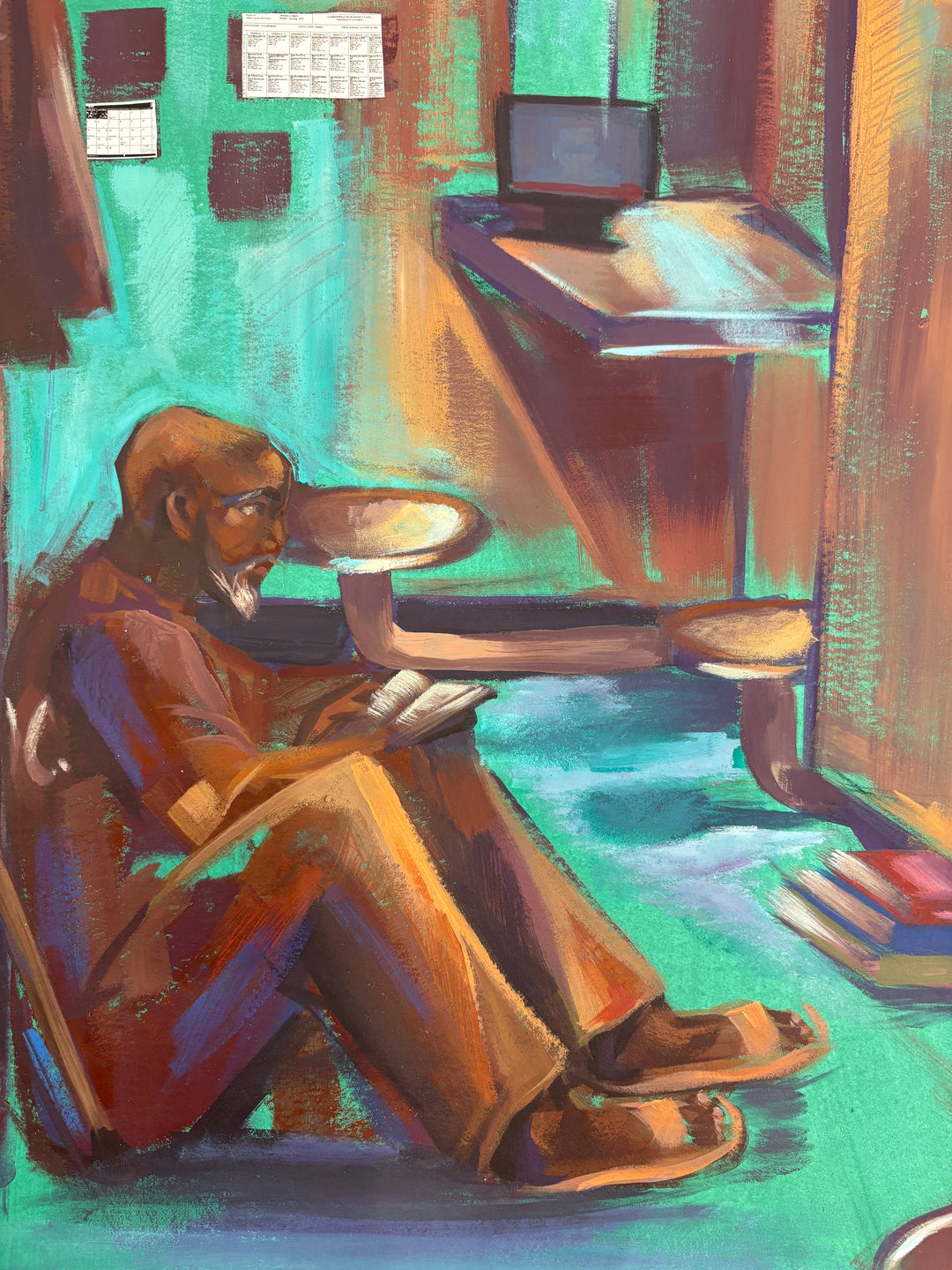man sitting in prison cell with many belongings clothes toilet paper in blue an brown tones