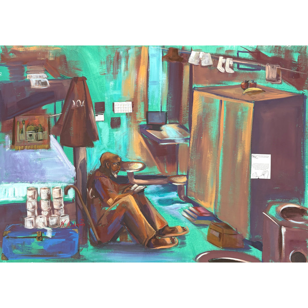 man sitting in prison cell with many belongings clothes toilet paper in blue an brown tones