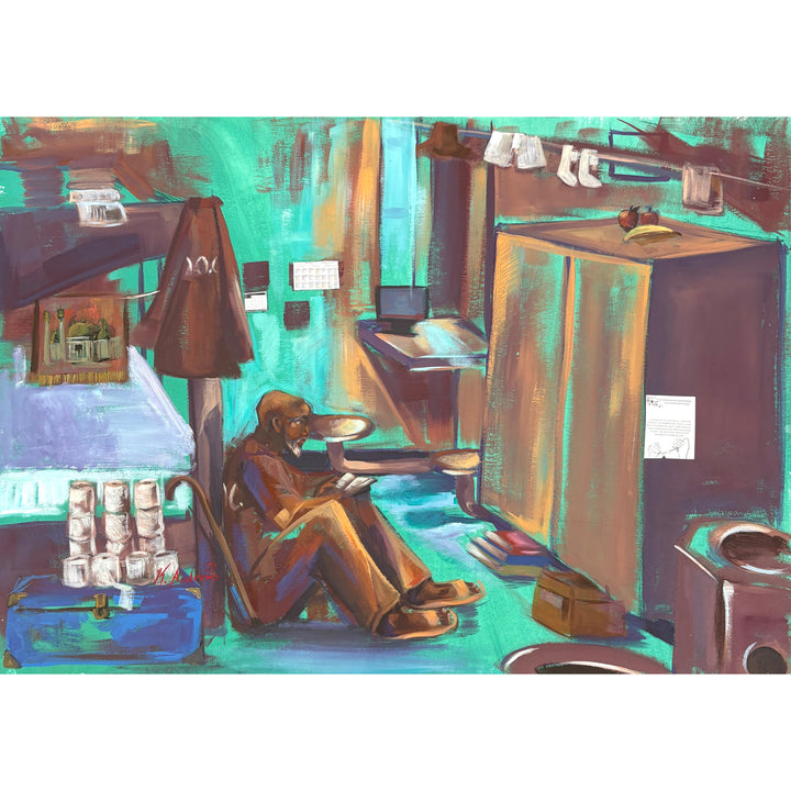 man sitting in prison cell with many belongings clothes toilet paper in blue an brown tones