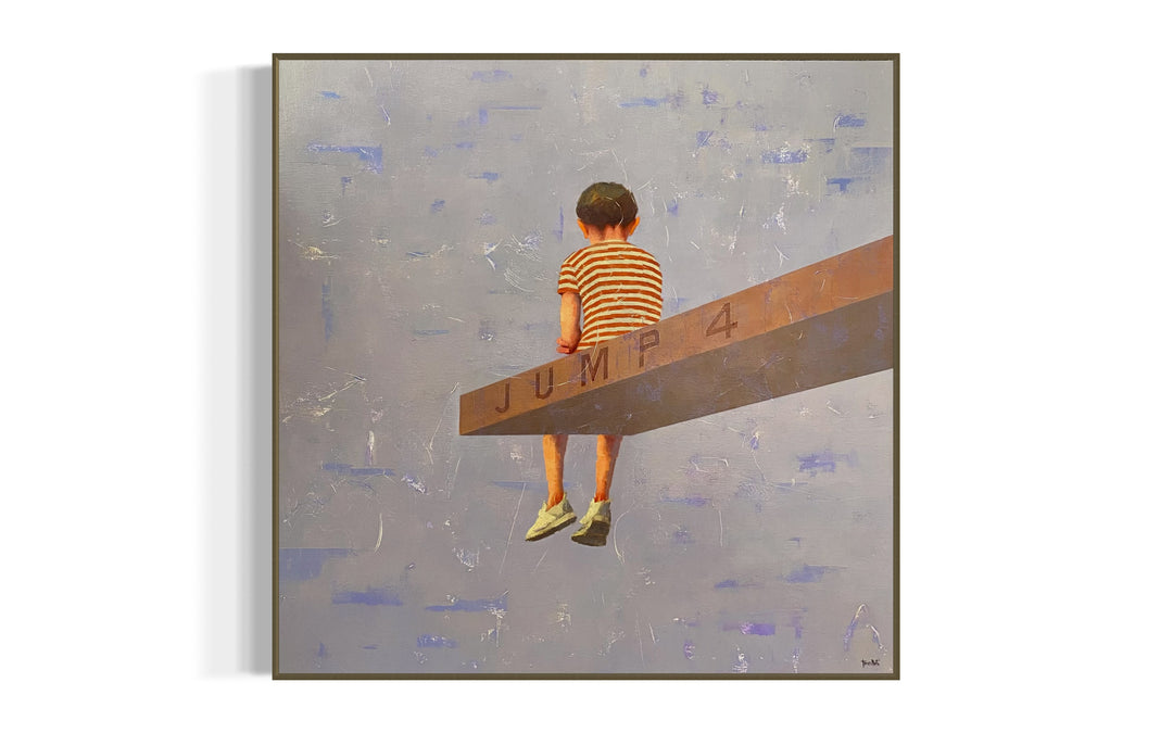 Observatory IV, 40 x 40" painting by Tomasa Martin. Oil and acrylic on linen painting of a boy in a red and white striped shirt sitting on the edge.