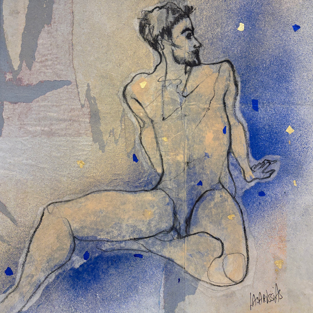 front view of a male nude in charcoal and gold leaf on blue advertising paper