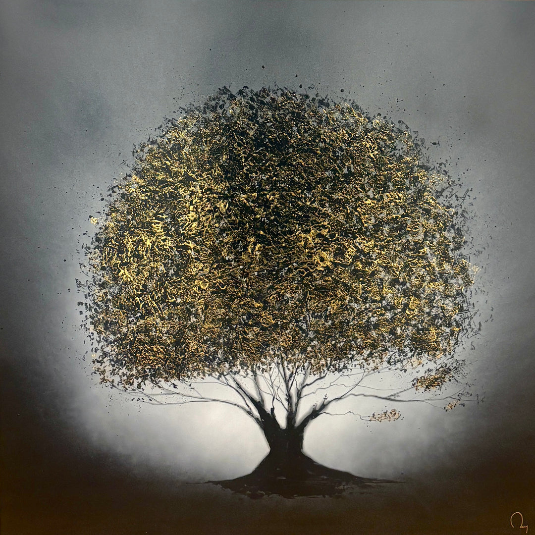 minimal tree in black white and grey lacquer with gold leaf detail accenting leafs light reflection trunk on smooth gradient background