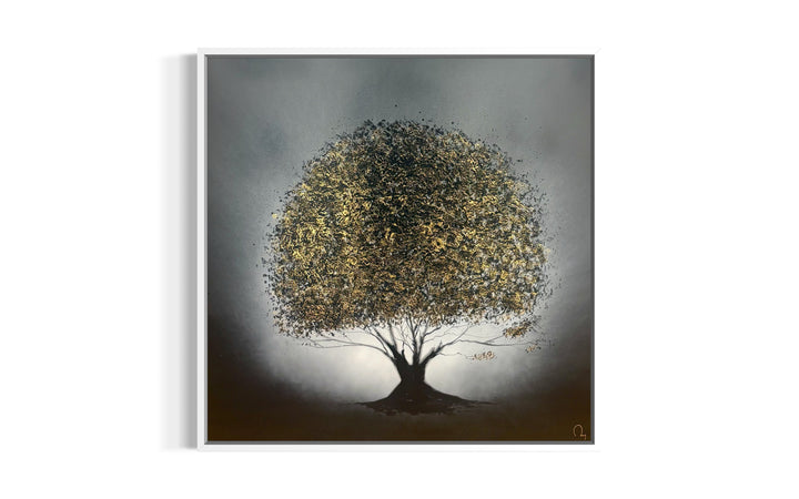minimal tree in black white and grey lacquer with gold leaf detail accenting leafs light reflection trunk on smooth gradient background